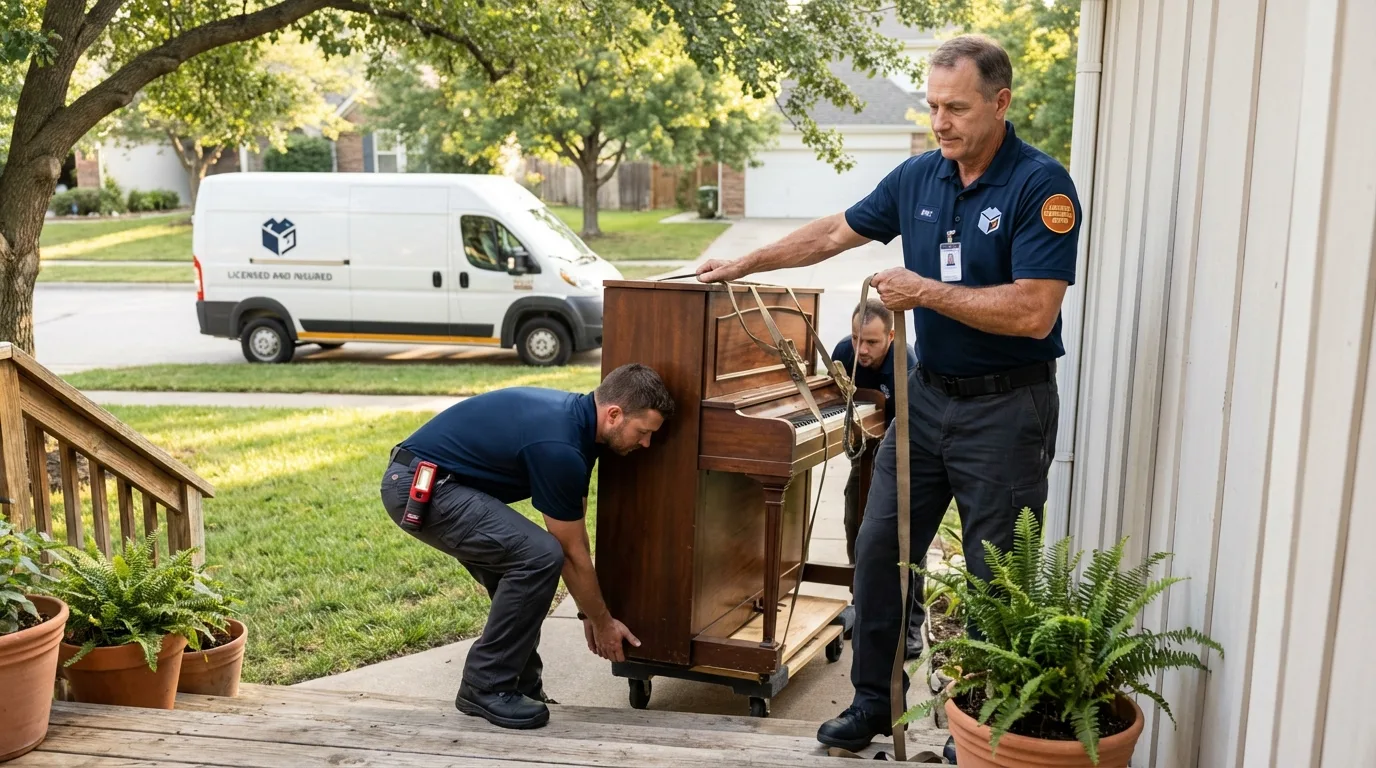 Licensed piano movers securing grand piano in Kentland, IN