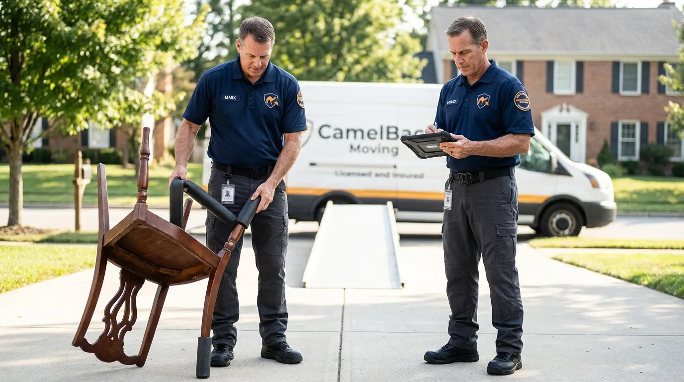 Movers inspecting furniture for damage prevention before loading in Kentland, IN