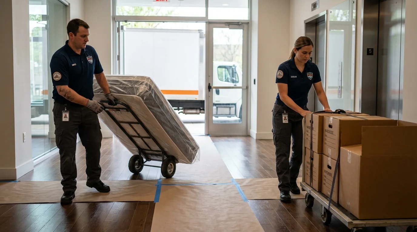 Professional apartment movers loading elevator in Kentland, IN