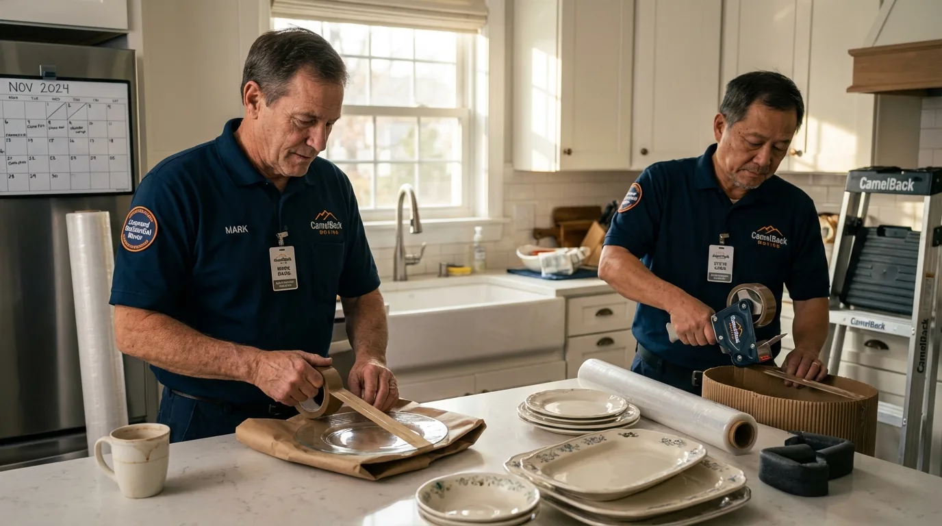 Professional crew packing kitchen dishware in Kentland, IN